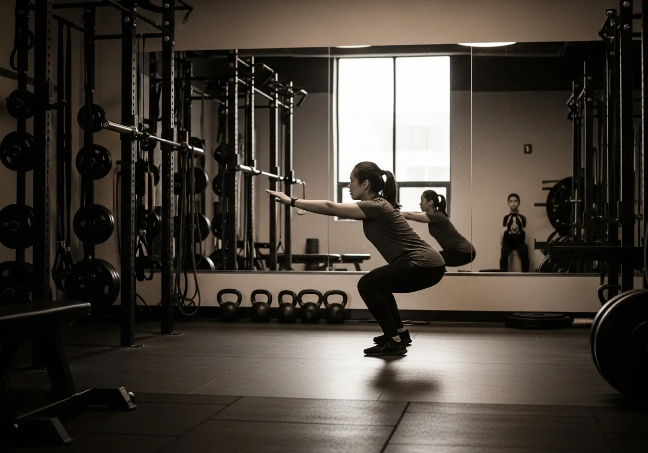 persona haciendo squat correctamente con técnica de rodillas y columna alineadas en el gimnasio