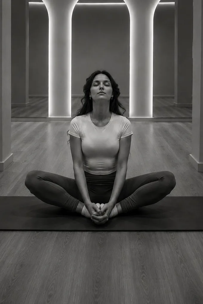 Postura de meditació en una classe de yoga a la sala Studio