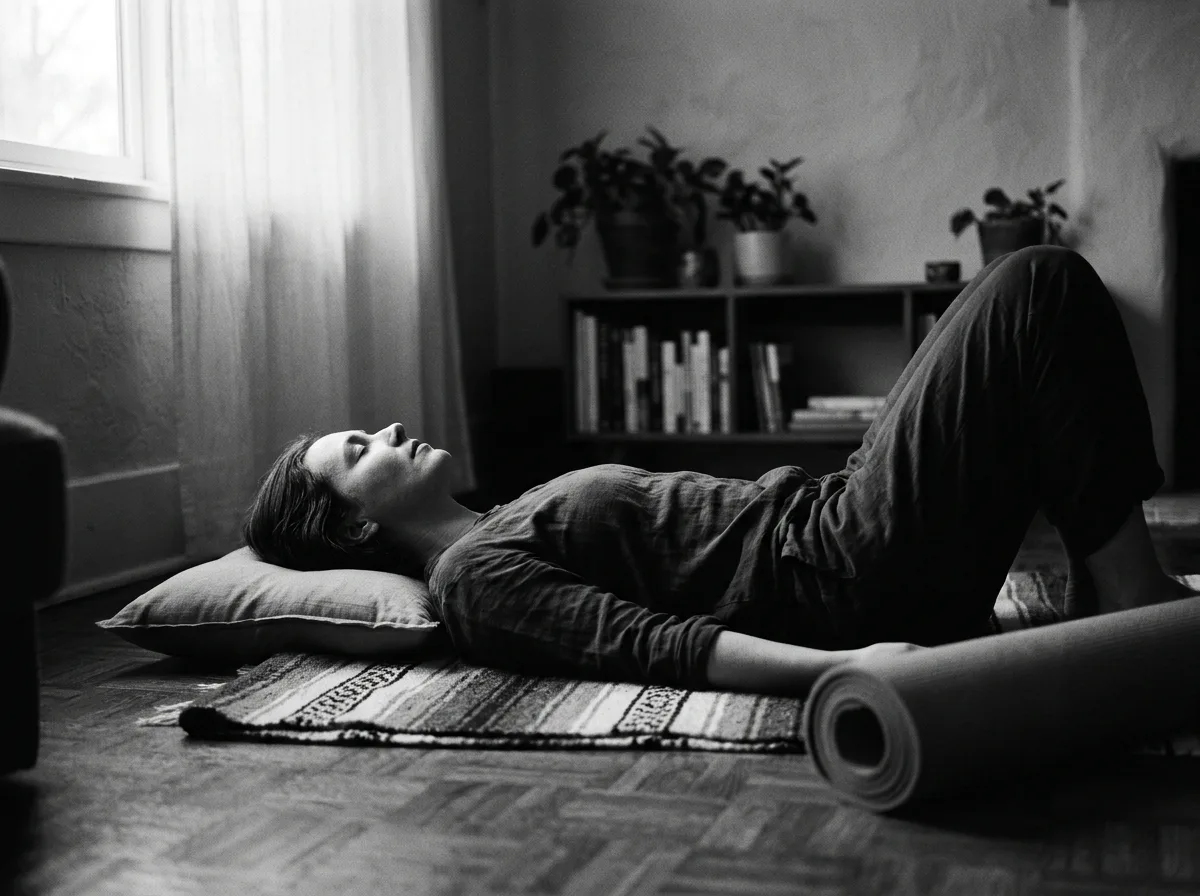 persona estirada practicant yoga nidra per a esportistes en posició de repòs