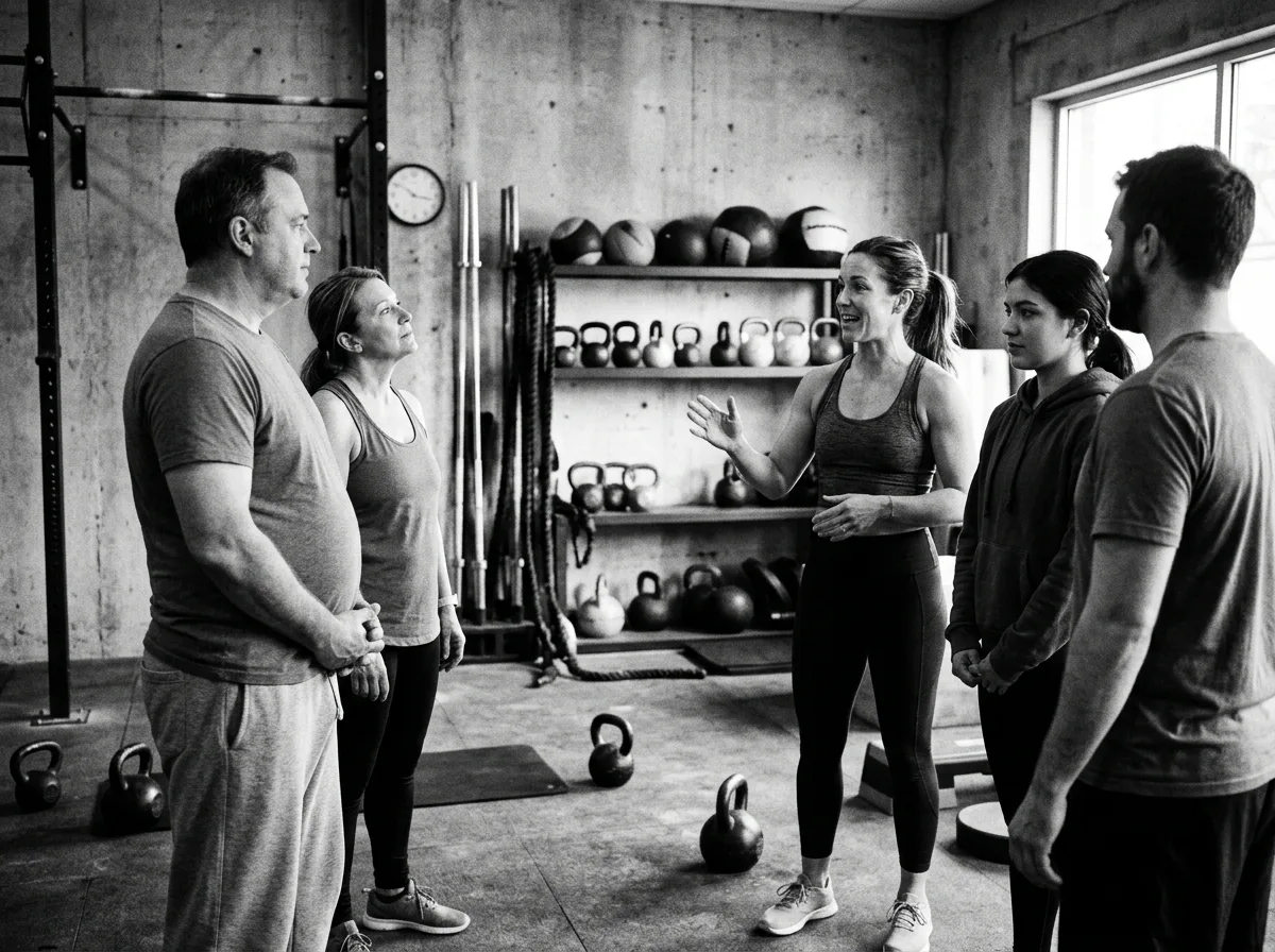 Persona principiant fent CrossFit amb un entrenador en un box de Barcelona